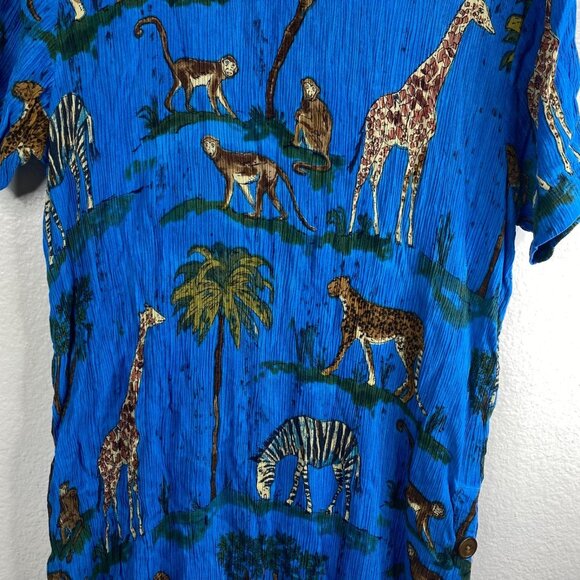 La Cera House Patio Dress Blue L Crinkle Muumuu Safari Animals Zebra Giraffe - Picture 7 of 10